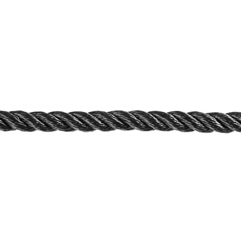 3-strand, braided polyester rope. Can be used as mooring and anchor line. Sinks. Black.