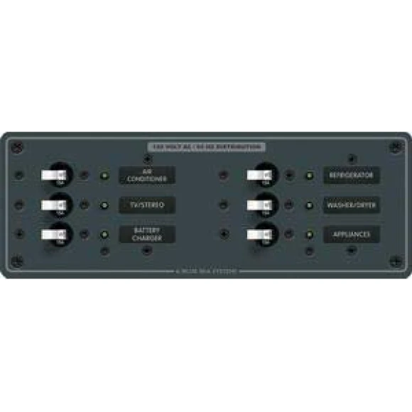 A.C. 6 pozisyonlu sigorta paneli 230v A.C. 95mmx227mm. 30 ac etiket. 6 adet 8a otomatik sigorta.