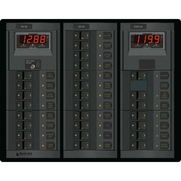 Blue Sea Systems 360 Sigorta paneli. 6 AC, 19 DC pozisyonlu. 12V DC/230V AC. 346x273mm.