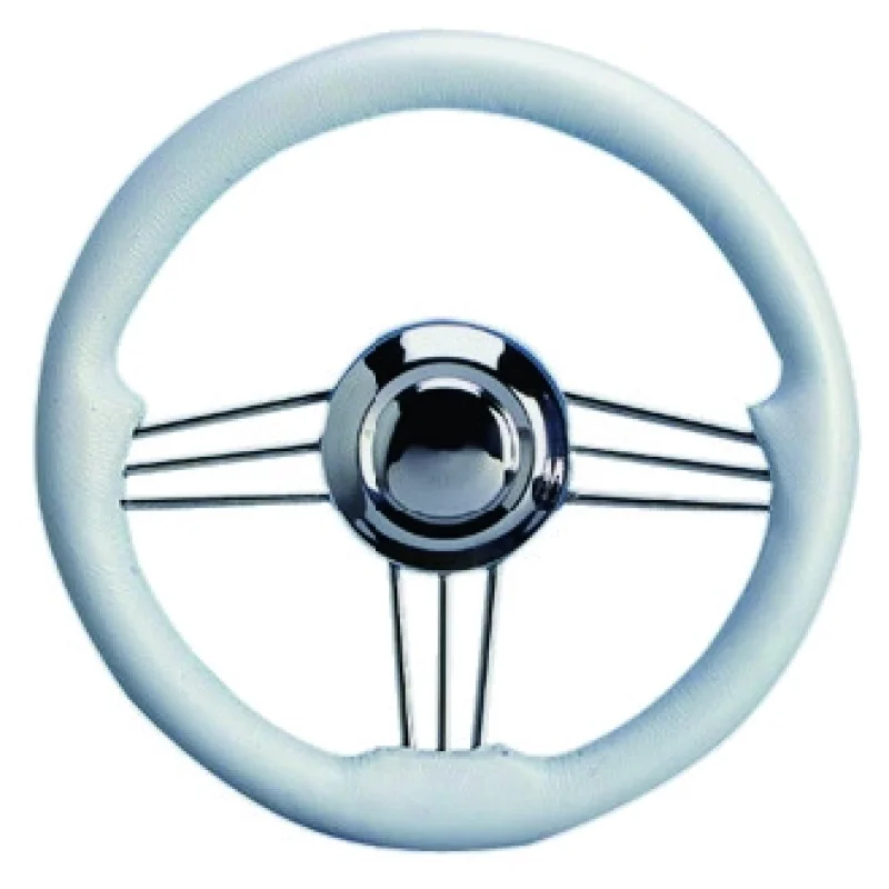 Direksiyon simidi. Kolları paslanmaz çelik, tutamak beyaz poliüretandır. Ø355mm.