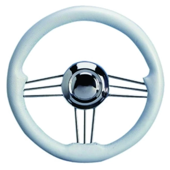 Direksiyon simidi. Kolları paslanmaz çelik, tutamak beyaz poliüretandır. Ø355mm.
