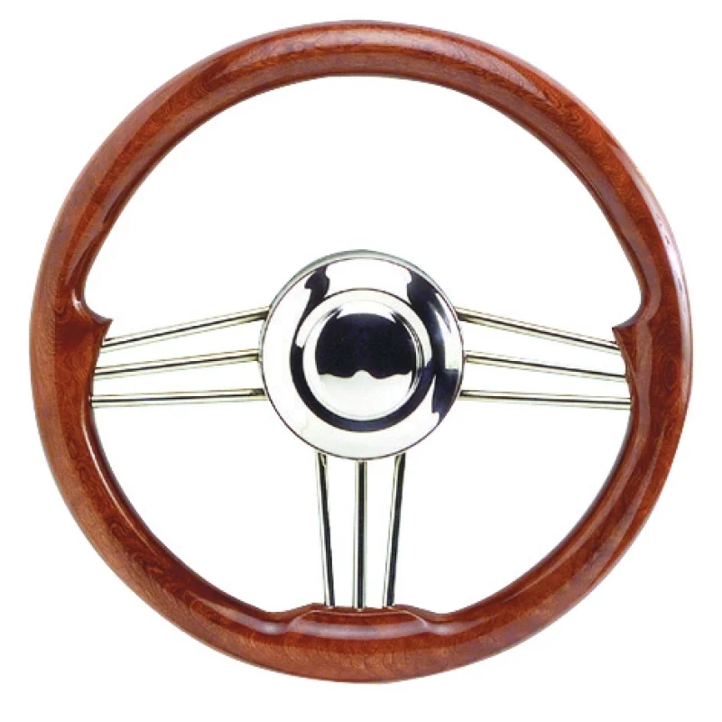 Direksiyon simidi. Kolları paslanmaz çelik, tutamak maundur.