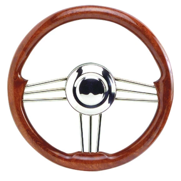 Direksiyon simidi. Kolları paslanmaz çelik, tutamak maundur.