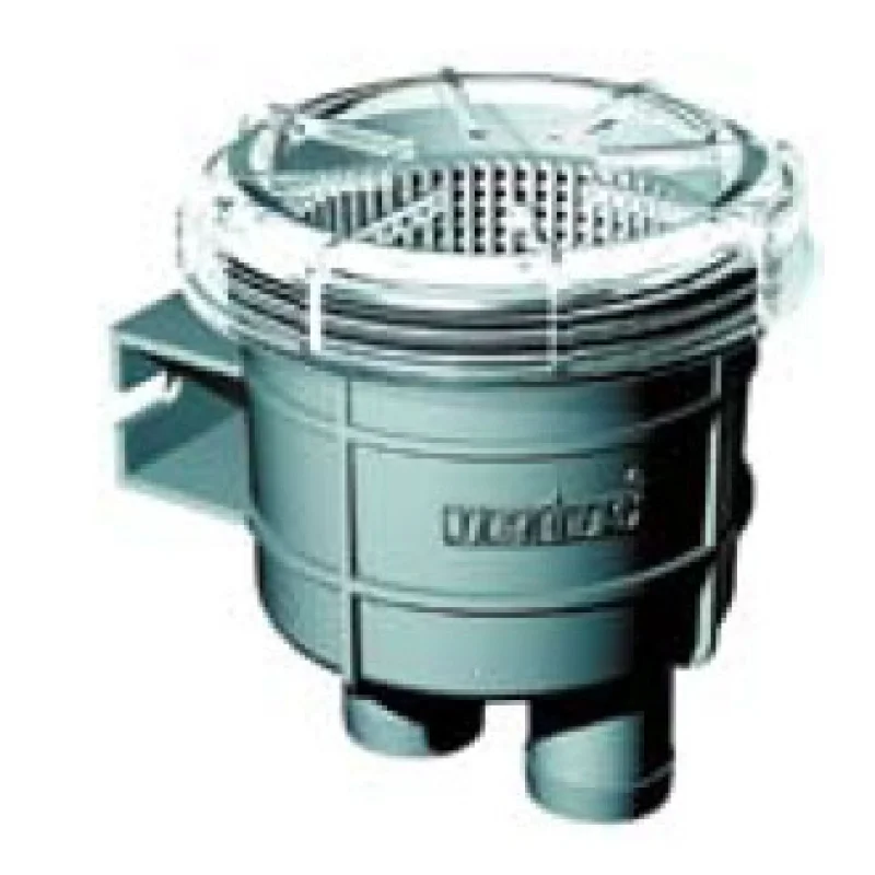 Vetus tip 140 deniz suyu filtresi. Gövde polipropilen, filtre elemanı polietilen, üst kapak akrinitrildir.