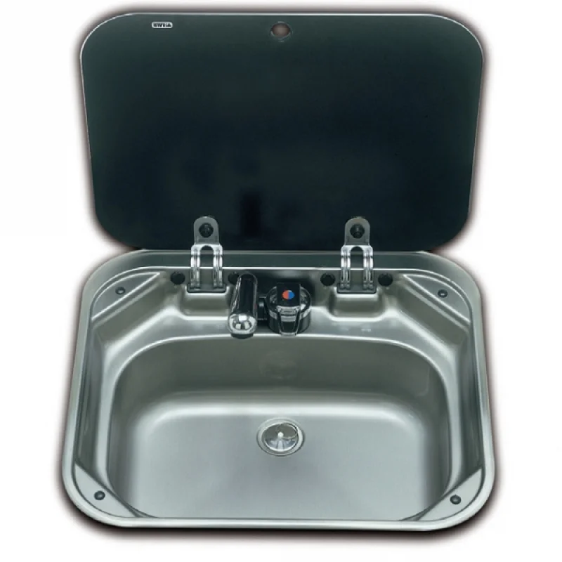 Smev 8005 serisi eviye. Paslanmaz çelik Switch´li musluk ve füme cam kapağa sahiptir.